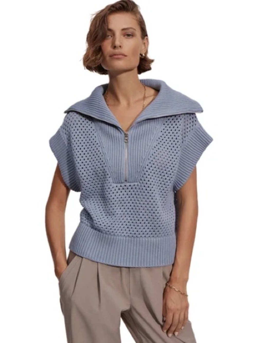 Varley Knit Zip-Front Short Sleeve Sweater